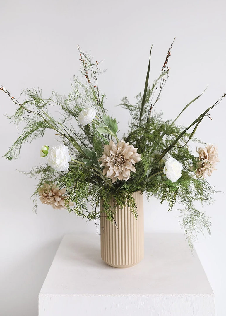 Afloral Ceramic Wide Ridged Beige Vase - 10"