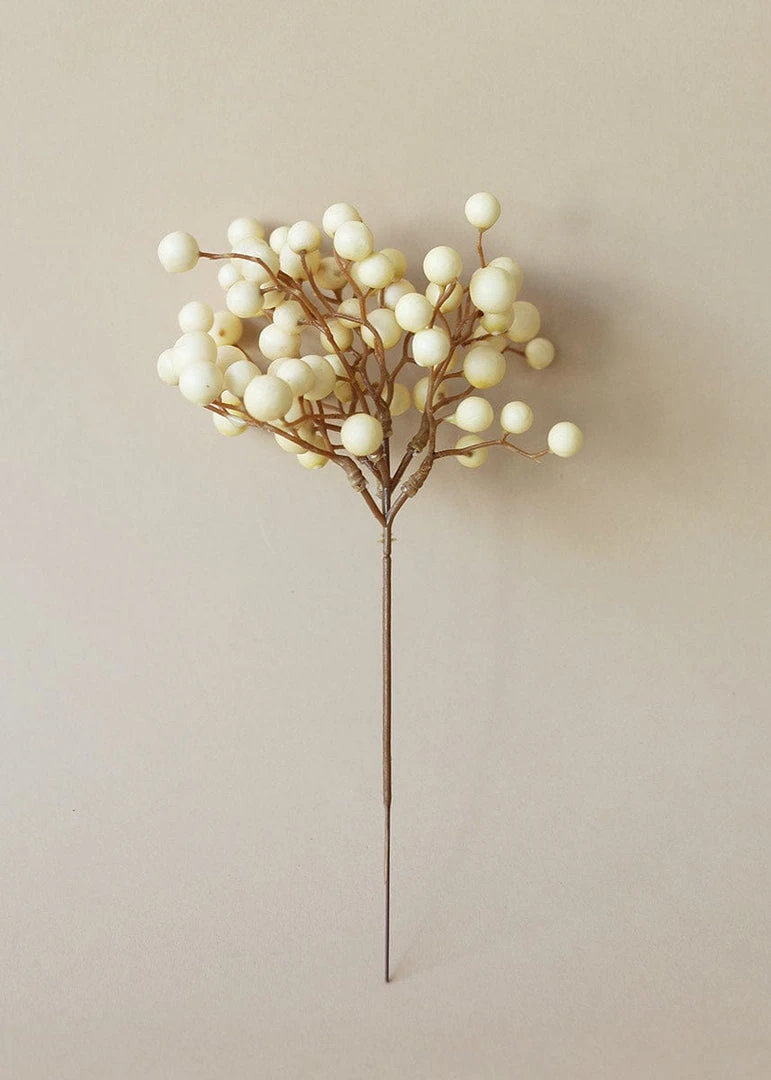 Afloral Artificial Plants Fake Berries Pick In Cream Beige - 9"