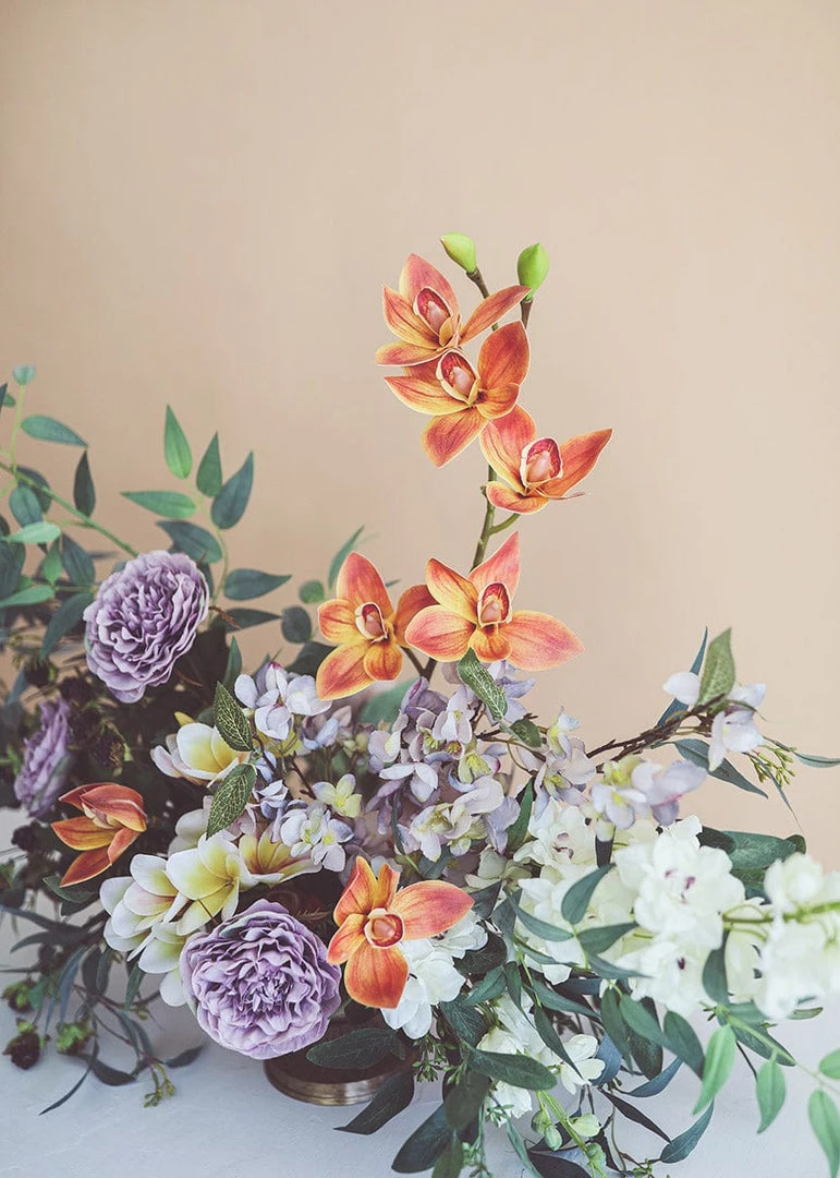 Afloral Artificial Cymbidium Orchids In Orange - 30" Artificial Flowers