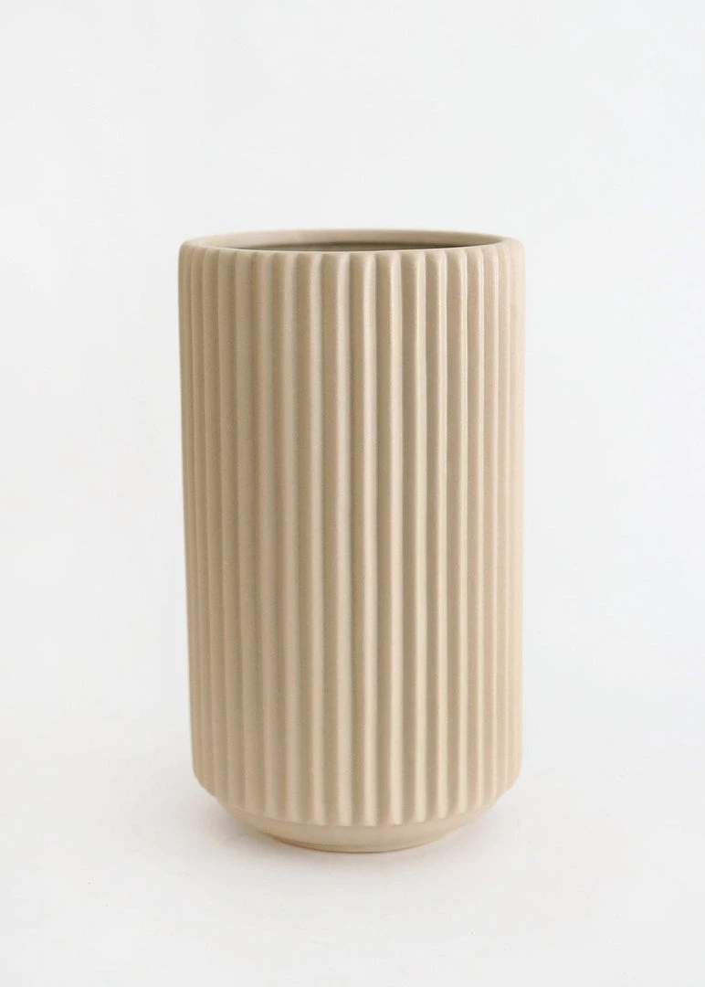 Afloral Ceramic Wide Ridged Beige Vase - 10"