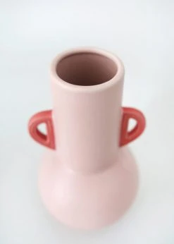 Afloral Pink Floral Vase With Coral Handles - 10.75"