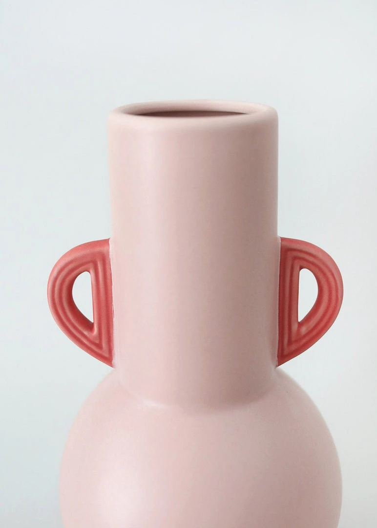 Afloral Pink Floral Vase With Coral Handles - 10.75"