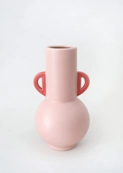 Afloral Pink Floral Vase With Coral Handles - 10.75"